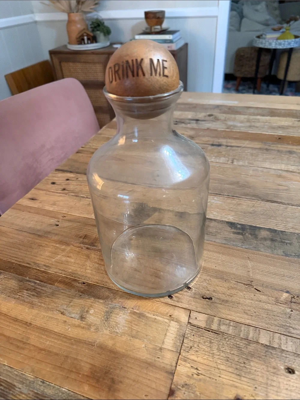 West Elm Glass Beverage Decanter with Wood ball Lid - 'Drink Me'